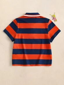 SpongeBob SquarePants | SHEIN Young Boy Letter Stripe Print Short Sleeve Casual Polo Collar T-Shirt - Orange - View 2