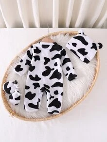 SHEIN Vintaside Kids 1套新生兒圓領長袖上衣與長褲舒適毛絨黑白奶牛印花秋冬睡衣，舒適休閒可愛居家服 - 黑與白 - 查看 2