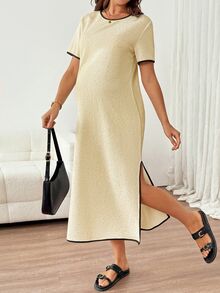 SHEIN 孕婦極簡風拼色圓領開衩下擺洋裝 - 杏色 - 查看 7