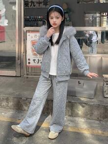 DAZY Set Pakaian Kasual Musim Gugur/Dingin untuk Anak Perempuan Remaja: Atasan Sweatshirt Lengan Panjang Berkerudung + Celana Panjang Lurus - Grey - View 7