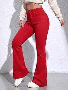 SHEIN ICON 女款高腰口袋休閒百搭喇叭褲牛仔褲 - 紅色 - 查看 3