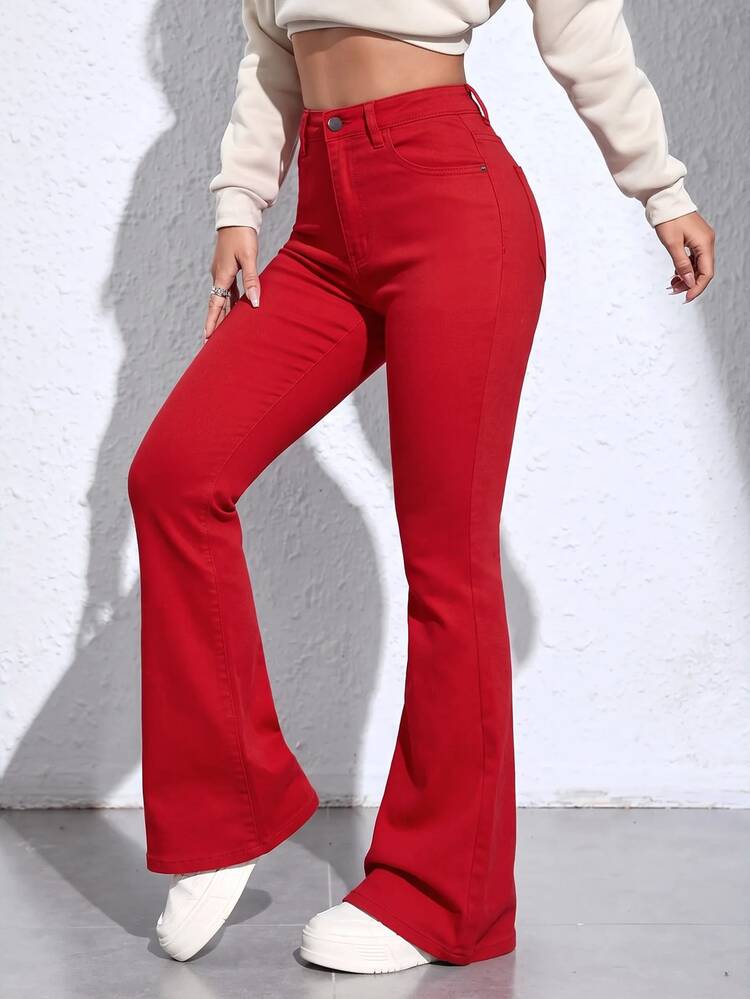 SHEIN ICON Women's High Waist Pocket Casual Versatile Flare Leg Denim Jeans - Red - View 3