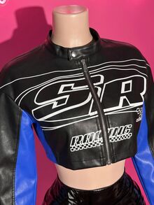 Slaydiva Women's Motorcycle Letter Print Zipper Cropped Jacket - Multicolor - View 3