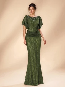 Serin Elegant Olive Green Lace Pearl Rhinestone Beaded Boat Neck Ruffle Ruched Bodycon Mermaid Train Mother Of The Bride Wedding Guest Summer Evening Gown - Olive Green - View 2