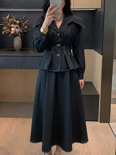 Modelyn Women's Autumn Fashion Commute Waist-Cinching Blouse & Skirt 2 Pieces Set