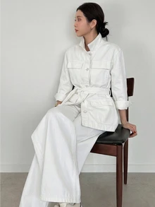 Dazy Tall Women's Waist-Cinched Loose Blouse And Loose Straight-Leg Pants Casual 2 Pieces Denim Set - White - View 8