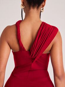NYA SZN Minikleid ärmellos mit gekreuztem Ausschnitt, Twist-Träger, einem Ärmel, Bindedetail an der Seite, High-Low-Saum, figurbetont, Cocktailkleid für Nachtausgang und Party, Rot, Sommer, Herbst, Bandage - leuchtend rot - Übersicht 2