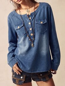 Bohemela Women's Crew Neck Casual Versatile Daily Denim Top - Dark Wash - View 3