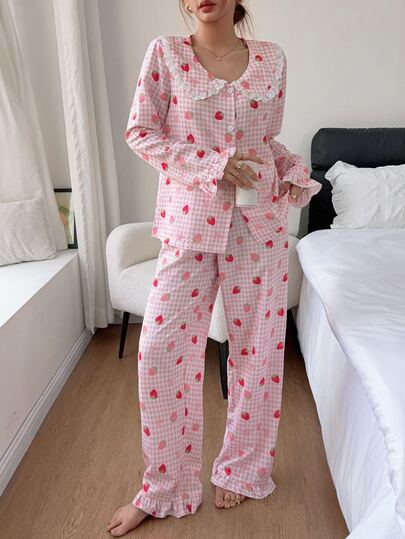 Napfluff Women's Plaid Strawberry Print Long Sleeve & Long Pants Pajama Set, Special Collar Design, Lace Trim Decoration, Cute Style, Comfortable Home Wear, Suitable For All Seasons