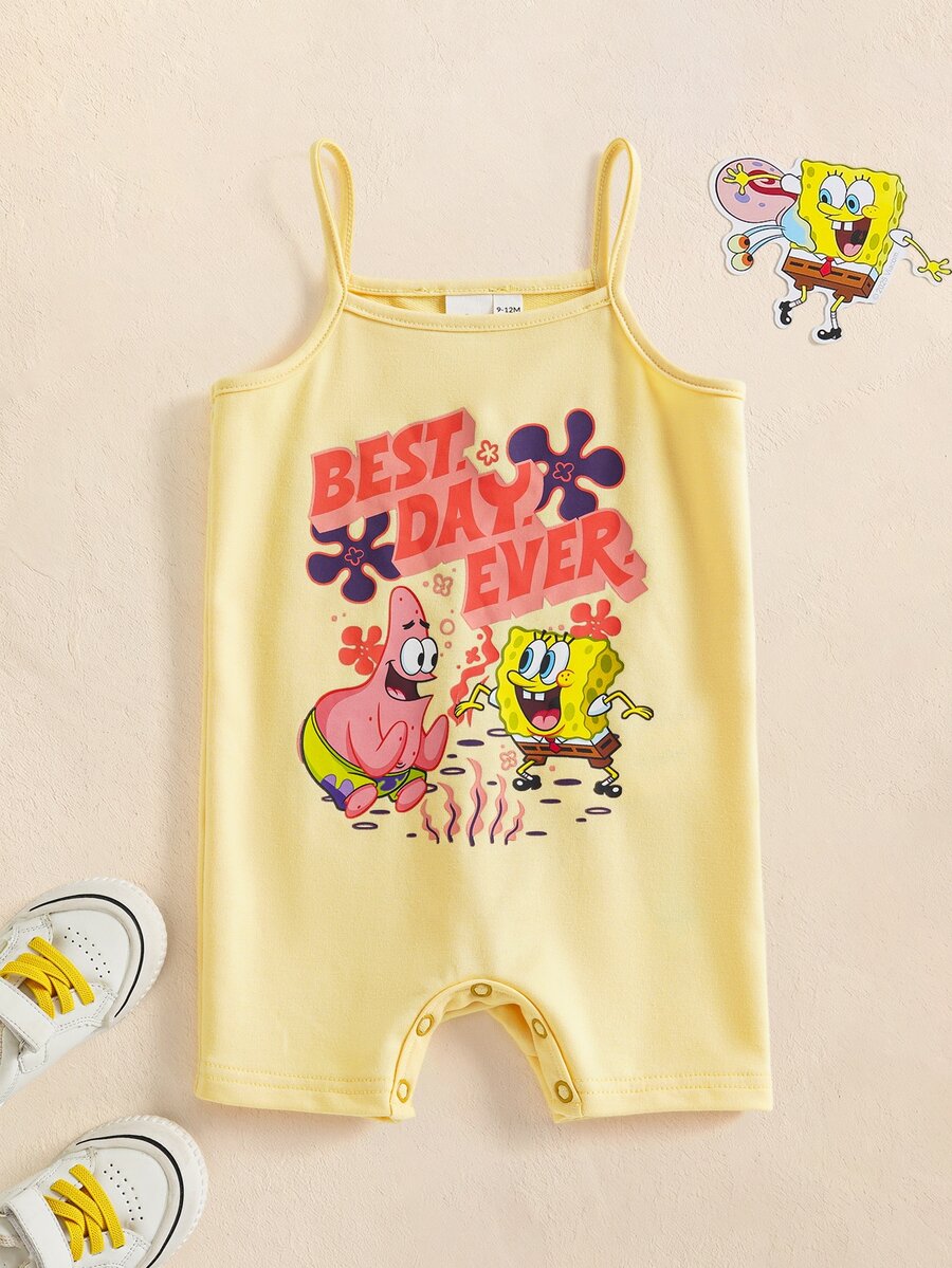 SpongeBob SquarePants | SHEIN 女嬰字母卡通印花休閒日常細肩帶連身褲 - 黃色 - 查看 1