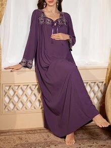 PalaceNights Court Style Square Neck Embroidered Lace Long Sleeve Loose Fit Winter Maternity Nightgown - Purple - View 5