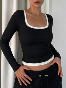 DAZY 女款夏季方領拼接撞色 2 合 1 性感休閒細肩帶背心上衣 - 黑與白 - 查看 3