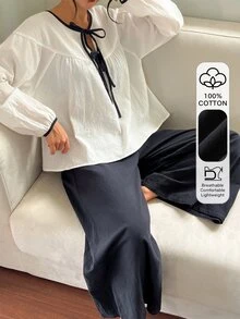 DAZY Autumn Elegant Contrast Color Tie Drawstring Petal Sleeve Women's Pajama Set - White - View 5