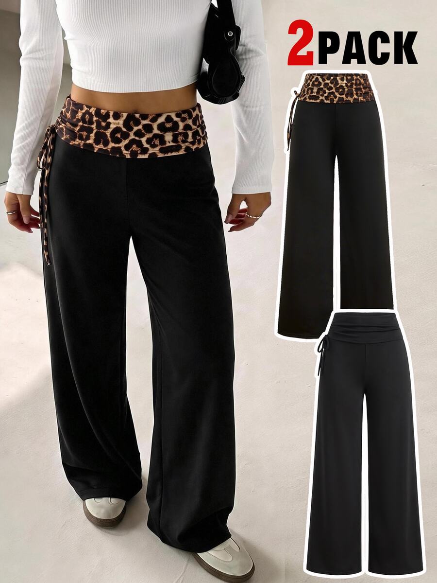 Girlism Tween Girls Pants Street Style Cool Versatile Vintage Side Drawstring Y2K Patchwork Leopard Print Flare Long Pants 2pcs Set, Suitable For Daily Wear - Multicolor - View 1