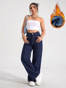 SHEIN ICON 女款高腰口袋寬腿寬鬆休閒牛仔褲 - 深色水洗藍 - 查看 4