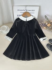 SHEIN 1pc Young Girl Velvet Fabric Black Contrast White Bow Embroidery Fashion Elegant Korean Style Sweet Vintage Long Sleeve Collared Dress, Suitable For Spring And Autumn Daily Wear, Shopping, Parties, Travel And Vacation Occasions - Black - View 2