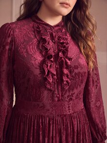 MOTF PREMIUM PLUS AUTUMN/WINTER ROMANTIC VELVET JACQUARD LONG SLEEVE DRESS - Burgundy - View 1