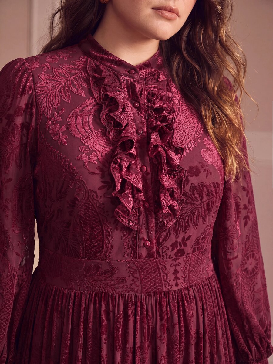 MOTF PREMIUM PLUS AUTUMN/WINTER ROMANTIC VELVET JACQUARD LONG SLEEVE DRESS - Burgundy - View 1