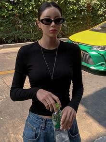 DAZY 女款純色露背修身百搭日常休閒上衣 秋季 - 黑色 - 查看 7