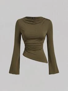 SHEIN MOD 女款 2 件組 酒紅與杏色圓領抓皺腰部喇叭袖不對稱下擺百搭長袖 T 恤內搭層 - 軍綠色 - 查看 3