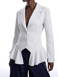 LYSMO Women's Striped Lapel NeckLong Sleeve Ruffle Hem Fashion Blazer - White - View 1