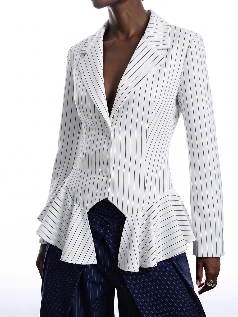 LYSMO Women's Striped Lapel NeckLong Sleeve Ruffle Hem Fashion Blazer - White - View 1