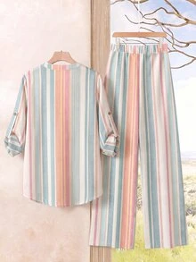 EMERY ROSE Colorful Striped Shirt And Long Pants 2 Pieces Set, Plus Size, Suitable For Early Autumn Outings - Multicolor - View 2