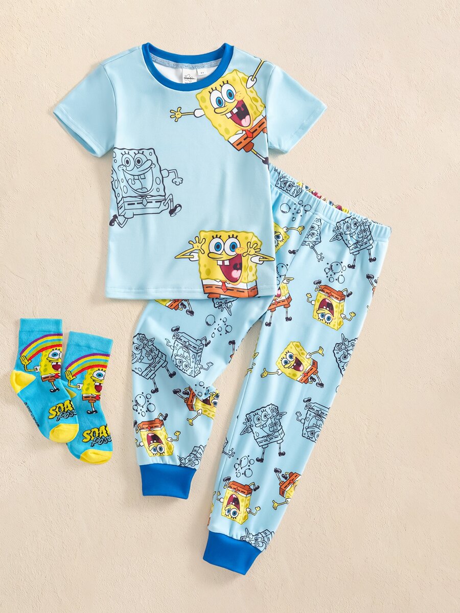SpongeBob SquarePants | SHEIN Young Boy Cartoon Print Top And Long Pants Snug Fit Loungewear - Blue - View 1