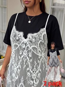 GalTyme 大尺碼夏季 INS 風格細肩帶背心 2 件式洋裝套裝 - 黑與白 - 查看 4