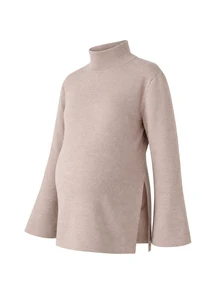 Momance Maternity Sweater Set Loose Fit Half-High Neck Bell Sleeve Split Hem Top & Adjustable Waist Pants Casual Everyday Solid Color Versatile Knitwear Set - Khaki - View 3