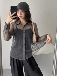 Dazy Kids 青少年女孩純色落肩長袖單排扣網紗上衣 秋季 - 灰色 - 查看 5