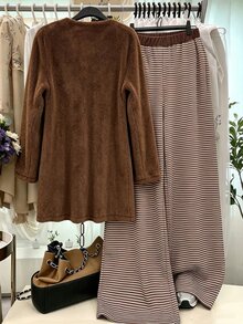 GlowEve CURVE Plus Size Women's Striped Camisole, Long Pants And Long Sleeve Cardigan Casual Set - Brown - View 2