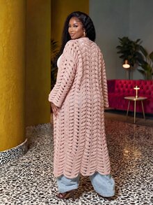 Slaydiva Cardigan Rajut Wanita Ukuran Besar, Mantel Panjang Rajut Kabel Berongga Warna Nude, Mantel Duster Depan Terbuka untuk Musim Gugur - Berwarna merah muda - View 5