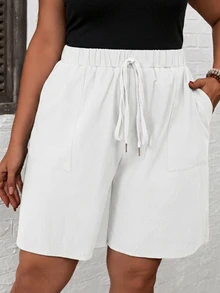 SHEIN LUNE Plus Size Women's Solid Color Casual Versatile Daily Wear Shorts - White - View 1