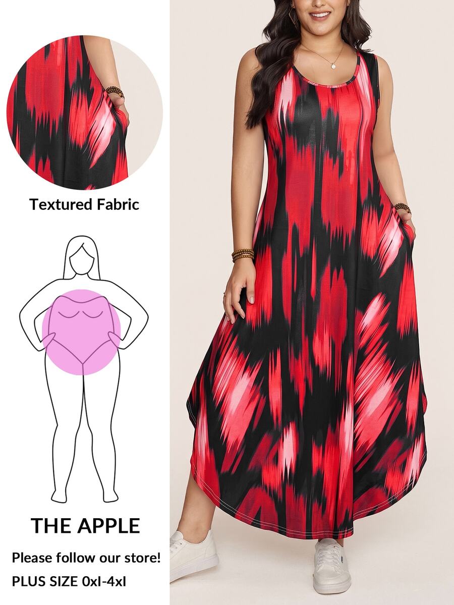 Comfylo Plus Size Casual Printed Colorblock Pocket Dress For Vacation - Multicolor - View 1