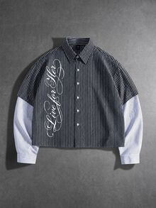 ROMWE MEN Men's Printed Pattern 2 In 1 Striped Loose Long Sleeve Shirt - Black - View 1
