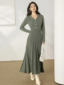 Heiryn Women's Button Half-Placket Long Sleeve Sweater Dress - Dark Green - View 3