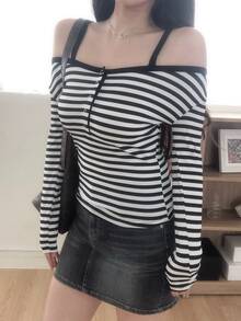 DAZY Women's Striped Korean Style Long Sleeve Spring/Autumn T-Shirt Vacation - Black and White - View 4