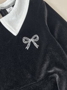 SHEIN 1pc Young Girl Velvet Fabric Black Contrast White Bow Embroidery Fashion Elegant Korean Style Sweet Vintage Long Sleeve Collared Dress, Suitable For Spring And Autumn Daily Wear, Shopping, Parties, Travel And Vacation Occasions - Black - View 4