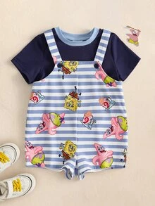 SpongeBob SquarePants | SHEIN Baby Boy Round Neck Short Sleeve T-Shirt And Striped Suspender Romper Casual Set - Blue - View 1