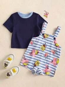 SpongeBob SquarePants | SHEIN Baby Boy Round Neck Short Sleeve T-Shirt And Striped Suspender Romper Casual Set - Blue - View 2