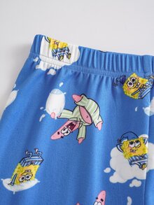 SpongeBob SquarePants | SHEIN Tween Boy Round Neck Short Sleeve T-Shirt And Shorts Lounge Set - Blue - View 7