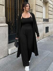 Dazy Plus Solid Color Fitted Camisole, Long Pants, Long Cardigan Casual Slouchy 3 Pieces Set - Black - View 4