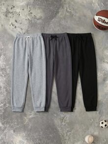 SHEIN 兒童青少年男孩純色抽繩腰休閒百搭運動長褲 冬季 - 彩色 - 查看 4