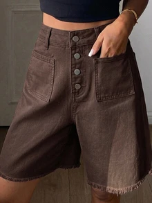 Livesso Women's Brown Vintage Street Style Pocket Casual Vacation Straight Wide Leg 5-Inch Denim Shorts - Brown - View 4