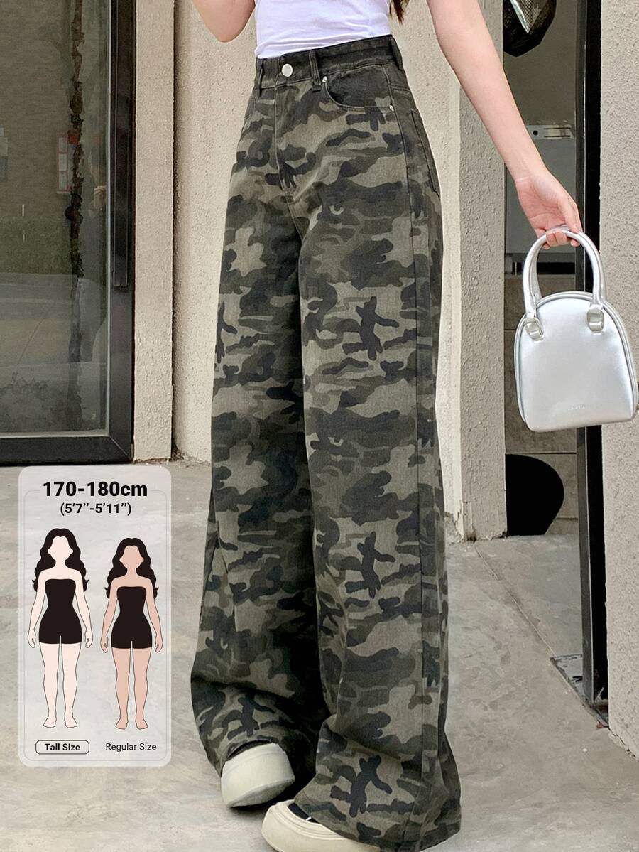 Dazy Tall Women's Camouflage Print Button Street Casual Denim Jeans Summer Everyday Going Out Forest Green - Army Green - View 1