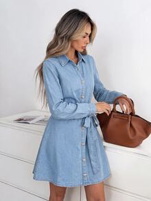 SHEIN MOD Women's Fashion Versatile Single-Breasted Long Sleeve Denim Dress - Blue - View 6
