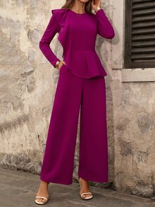 Ellevyn Women's Elegant Mature Commute Dinner Cocktail Party Night Dinner Party Solid Color Ruffle Trim Jumpsuit Wedding Magenta Autumn Wedding - Red Violet - View 8