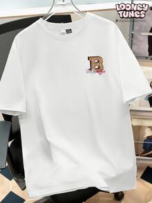 LOONEY TUNES X SHEIN Manfinity Joysei تي شيرت رجالي بأكمام قصيرة مطبوع عليه حروف بتصميم مشترك العلامة التجارية - أبيض - مشاهدة 6
