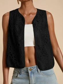 Travachic Vacation Casual Solid Color Water-Soluble Lace Vest - Black - View 5